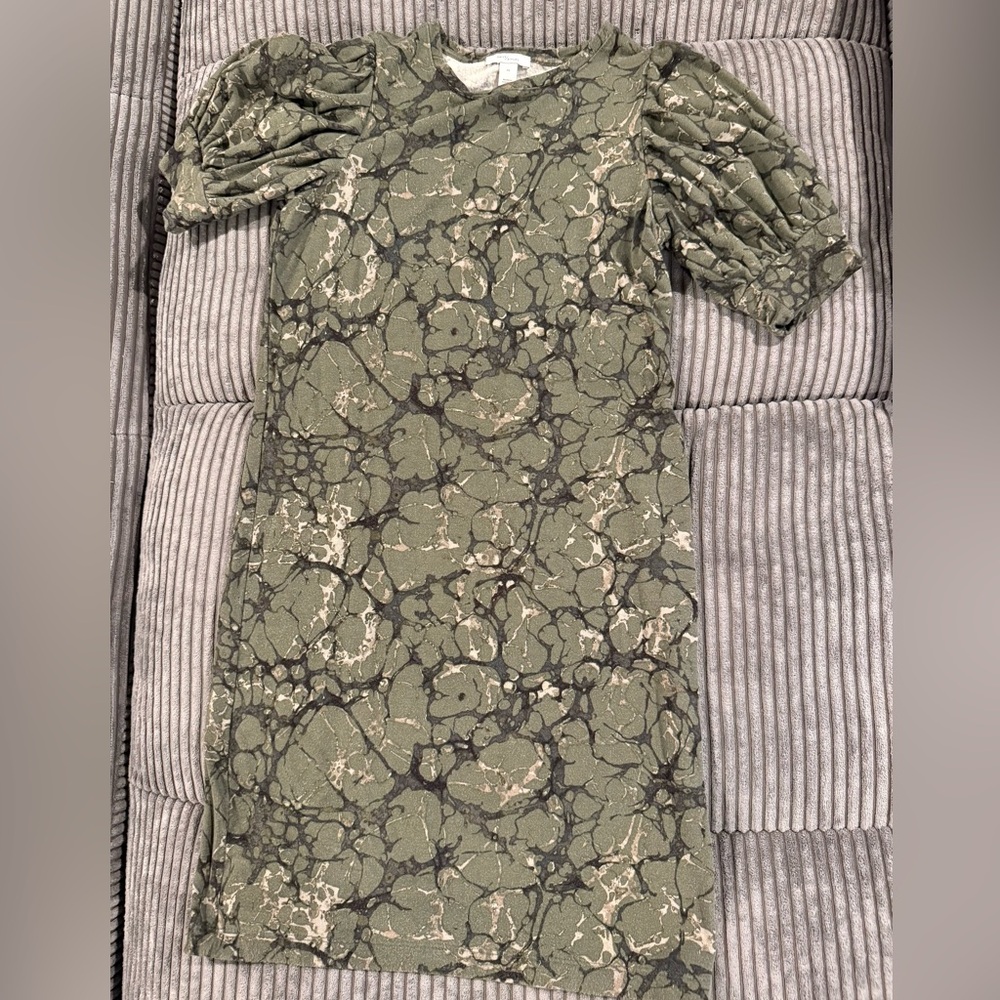 Daily Ritual Puff-Sleeve Dress in Green Marble, Size XS